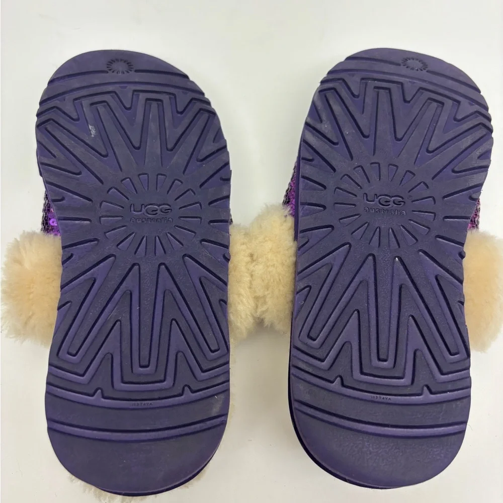 Ugg Sparkling Purple Sequin Faux-Fur Slippers, size 4 big girl, box 29